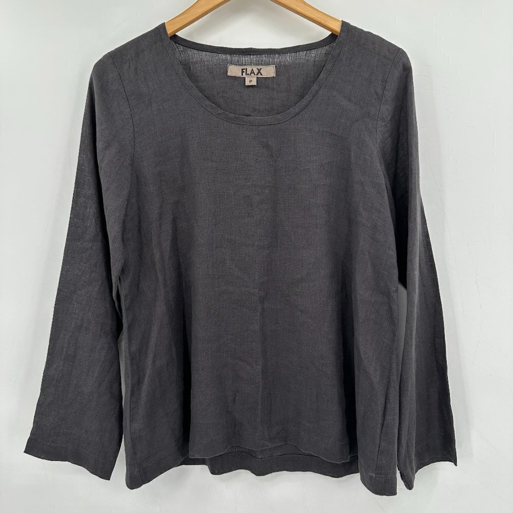 FLAX Linen Gray Oversized Lagenlook Long Sleeve Scoop Neck Medium Top